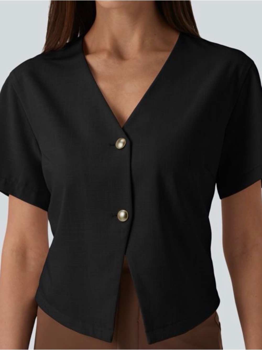 HALARA Black V-Neck Short Sleeve Button Front Shirt